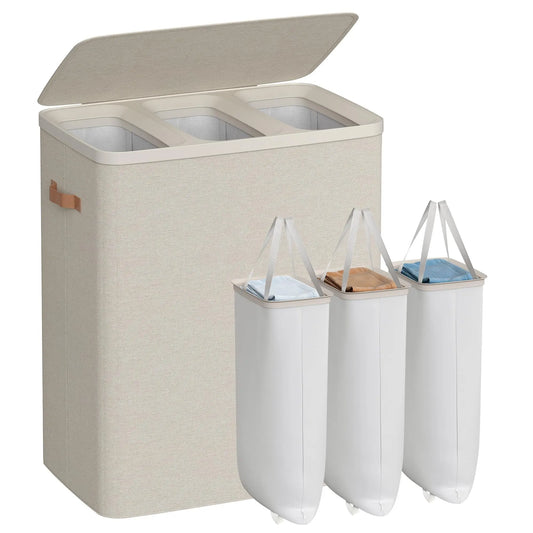 50.2 Gal Laundry Hamper 3 Compartments, with Lid Handles Removable Liners