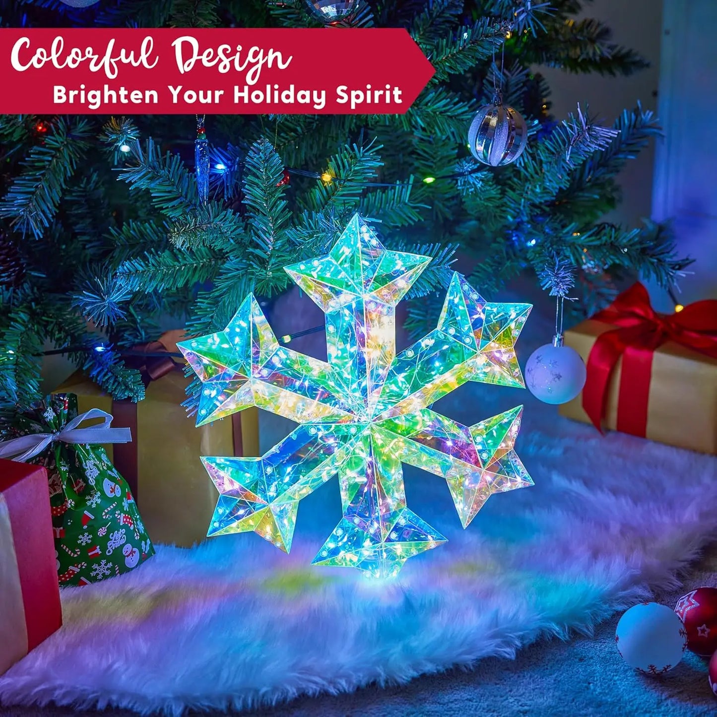 JOYFY 15 in Prismatic Iridescent Snowflake Light Prismatic Christmas Decor 100 LED Cool White Lights for Indoor Christmas Décor