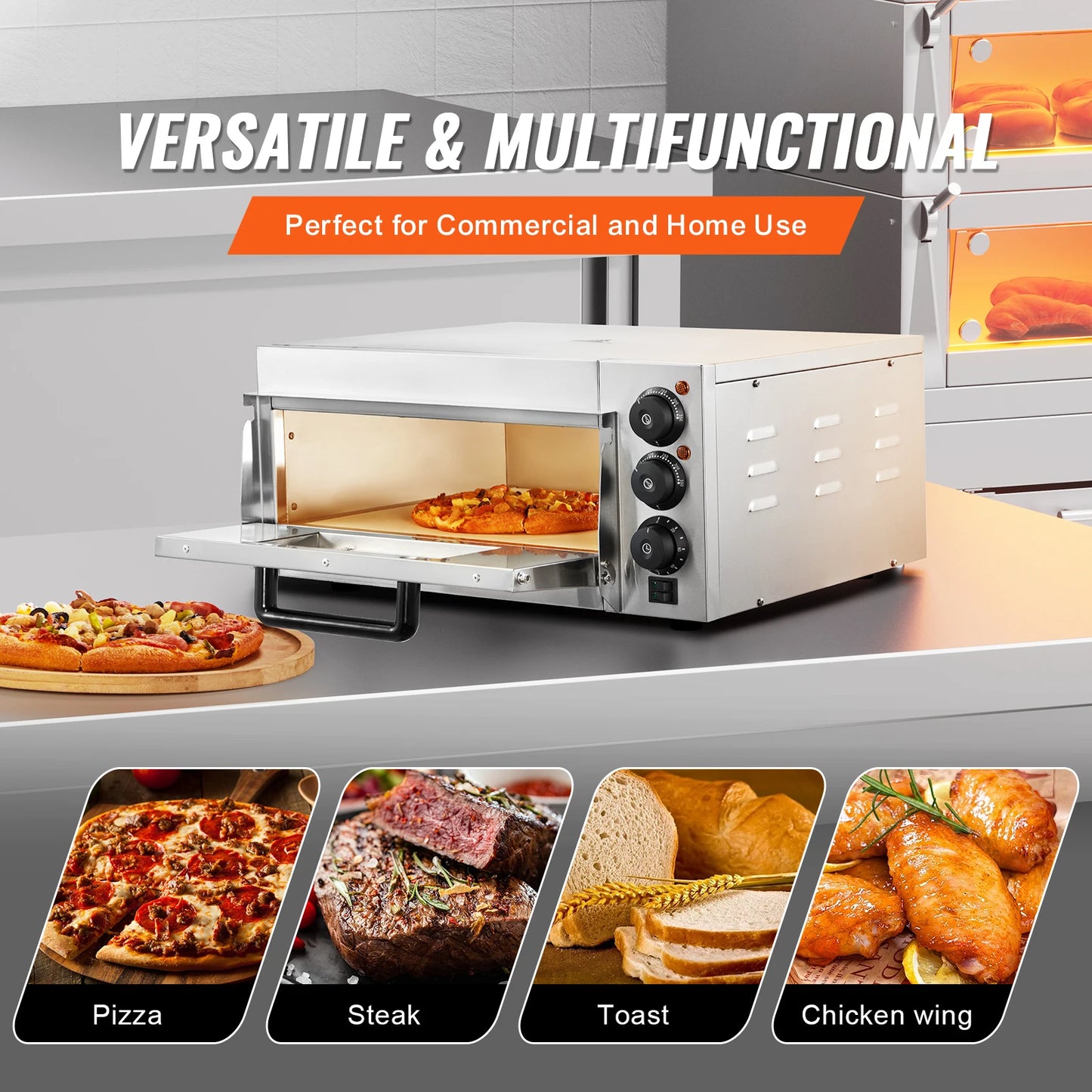 SucceBuy Commercial Pizza Oven Countertop Single Deck Layer Stainless Steel Electric Pizza Oven w/ Stone and Handle Pizza Maker