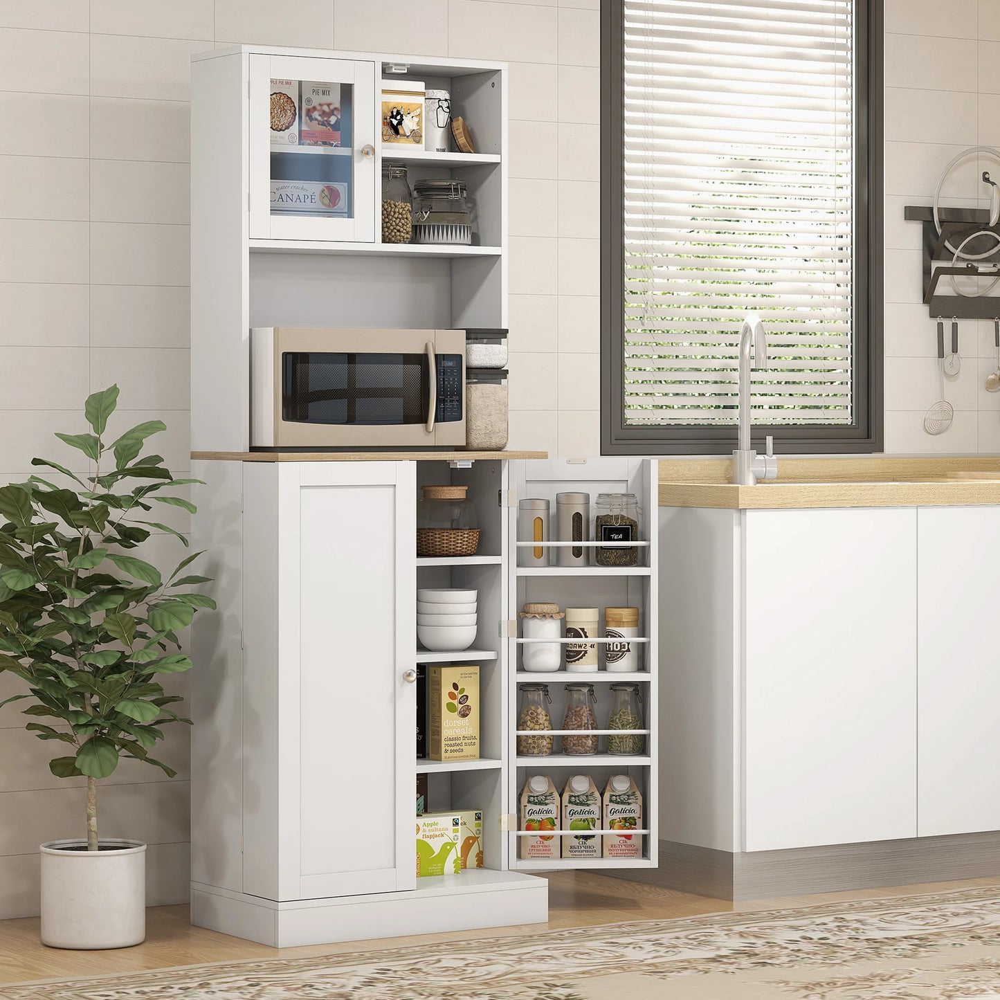 HOMCOM 66.5" Tall Kitchen Pantry Storage Cabinet with Microwave Stand White