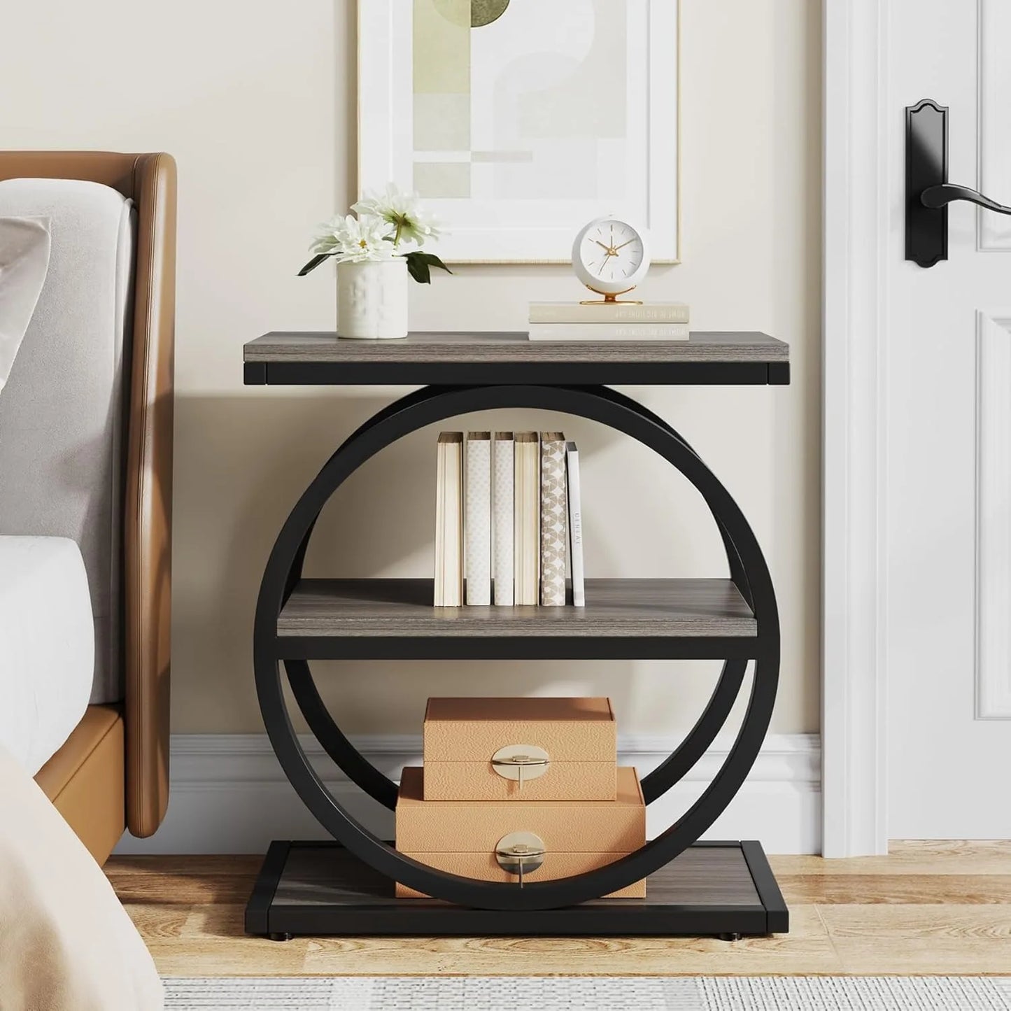 End Table with 3 Storage Shelves, Industrial Small Sofa Side Table, Slim Nightstand and Bedside Table (Grey and Brown)