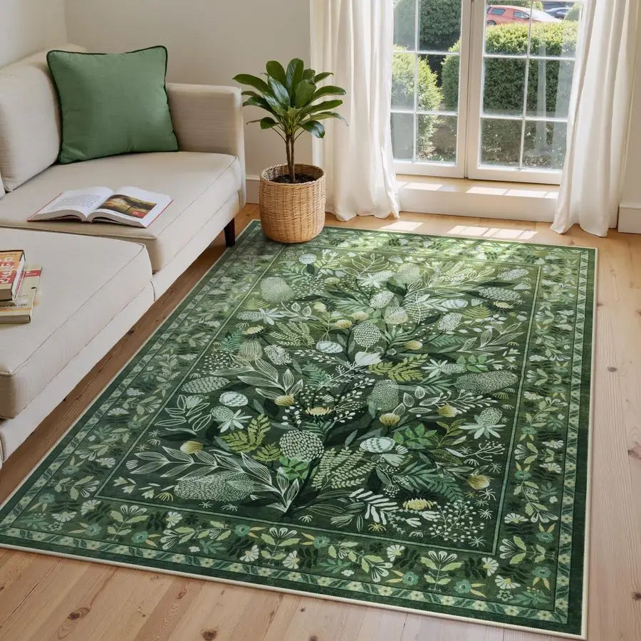 Green Botanical Floral Washable 5x7 Area Rugs, Abstract Large Rugs for Living Room NonSlip Soft Modern Rugs for Bedroom