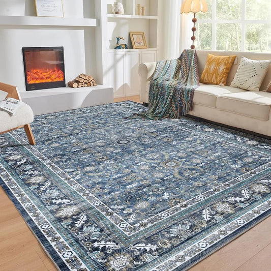 OPPODREAM Vintage Blue Area Rugs 6x9, 6 x 9 Retro Washable Rug Non Slip, Low-Pile Faux Wool Carpet, Soft Distressed Navy Floor M