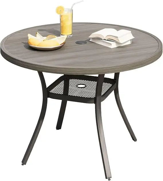 DIFY Outdoor Dining Table for 4, Round Patio Table with Umbrella Hole for Garden, Backyard and Porch (Grey)