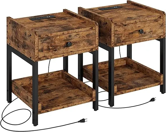 Nightstand, set of 2 bedside table with charging station, small end table with storage drawer and shelf for bedroom and living room