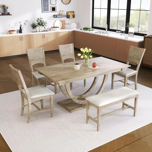 6 piece dining table set with bench and chairs for 6 persons, farmhouse kitchen dining room table set with rectangular table