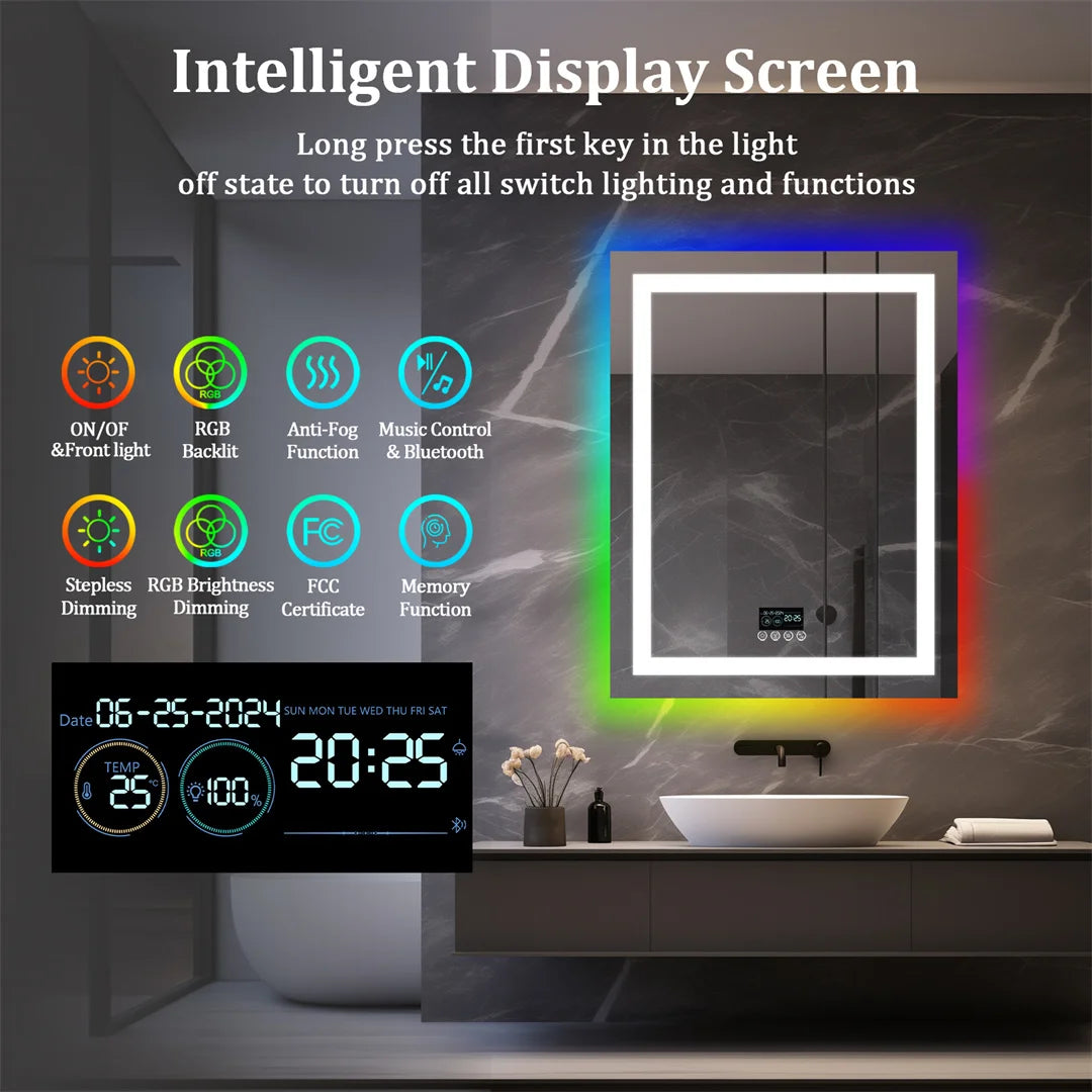 LUVODI 28x36 inch LED Lighted Bathroom Mirror with Bluetooth Speakers High-end Washroom RGB Vanity Mirror with Date Time