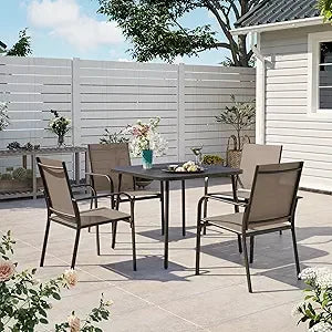 5 Pieces Outdoor Dining Set, Patio Furniture Set of 4 Textilene Chairs with Square Metal Slatted Table with Umbrella