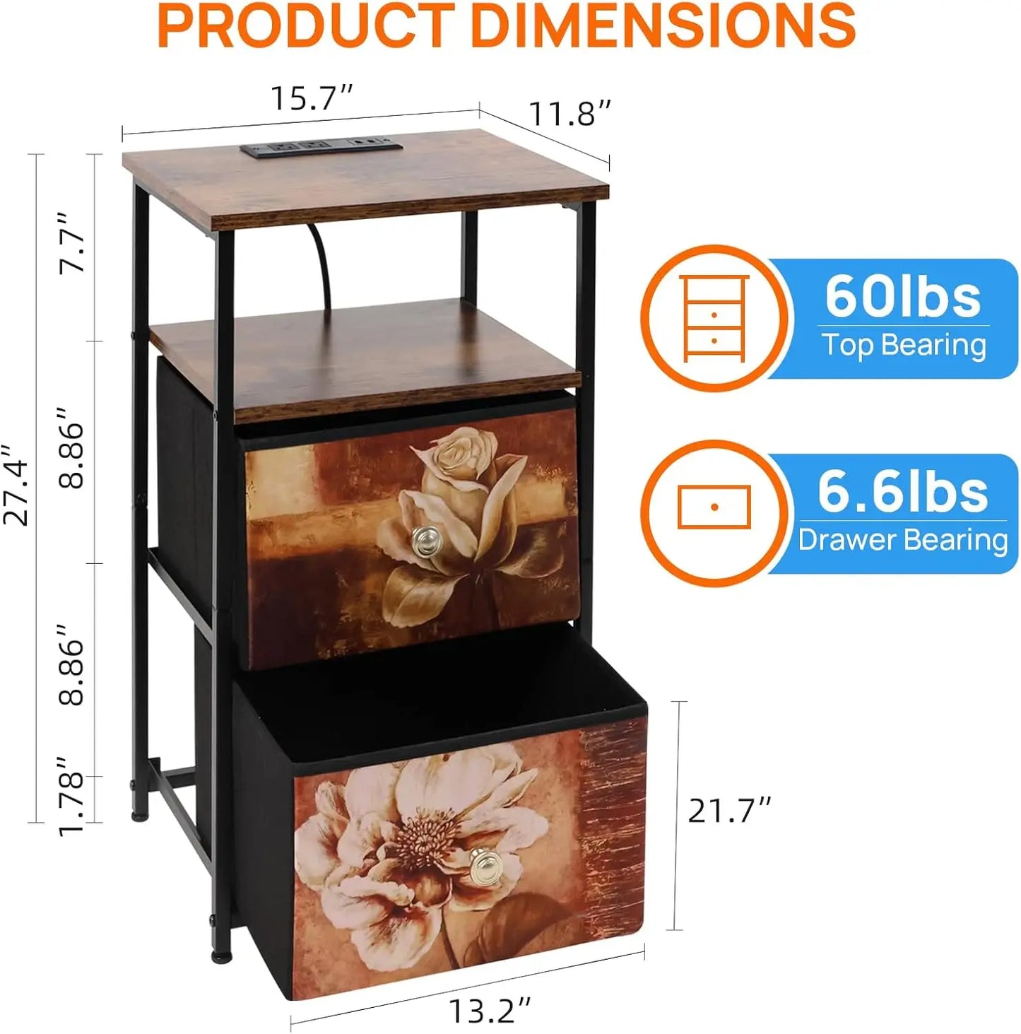 nightstand Set of 2 with Charging Station, LED Bedside Table w/USB Ports & Outlets,End Table w/2 Fabric Drawers and Open Shelf