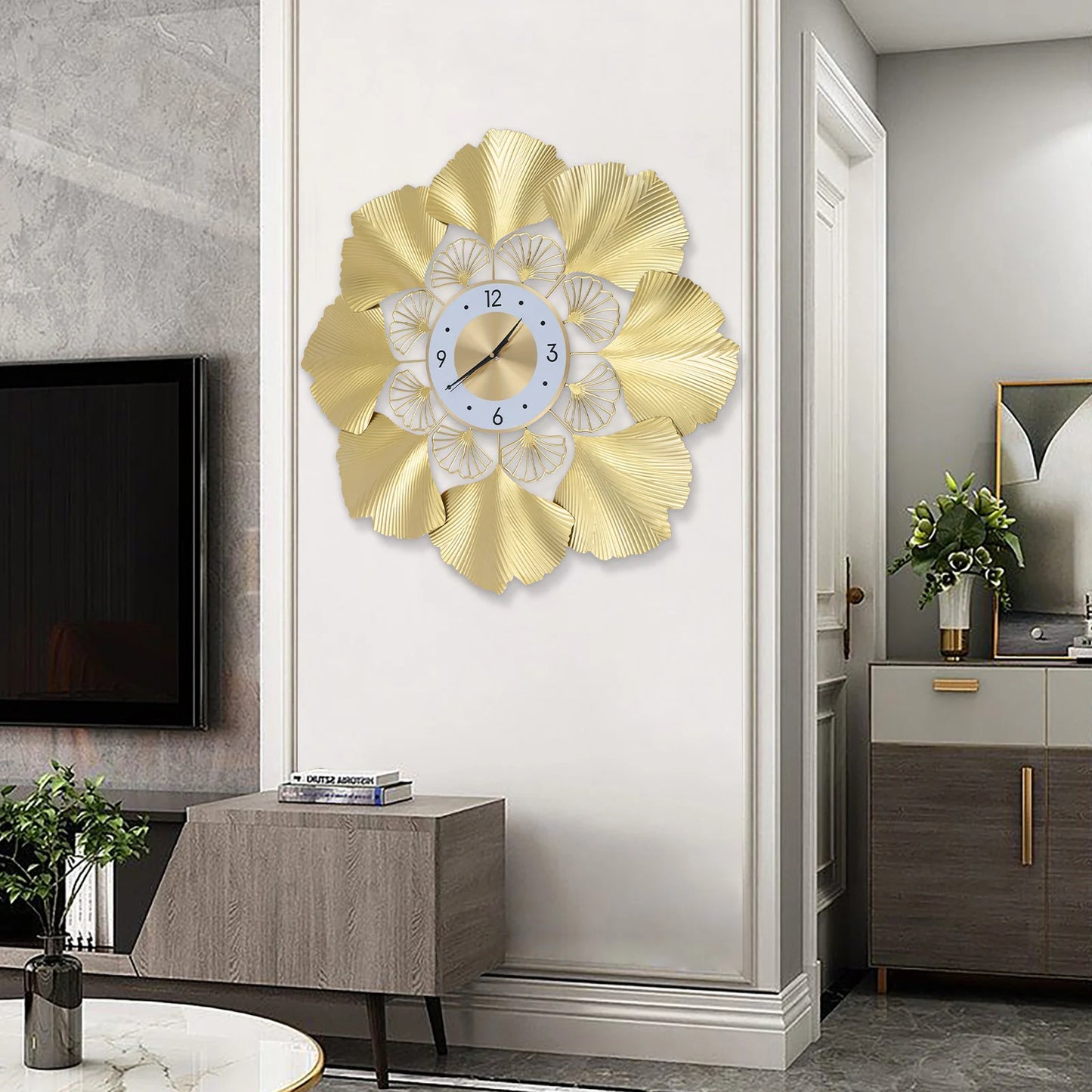 Ginkgo Biloba Wall Clock 3D Creative ginkgo biloba wall clock Gold Dial Design Silent Sweep Seconds Movement Digital Display