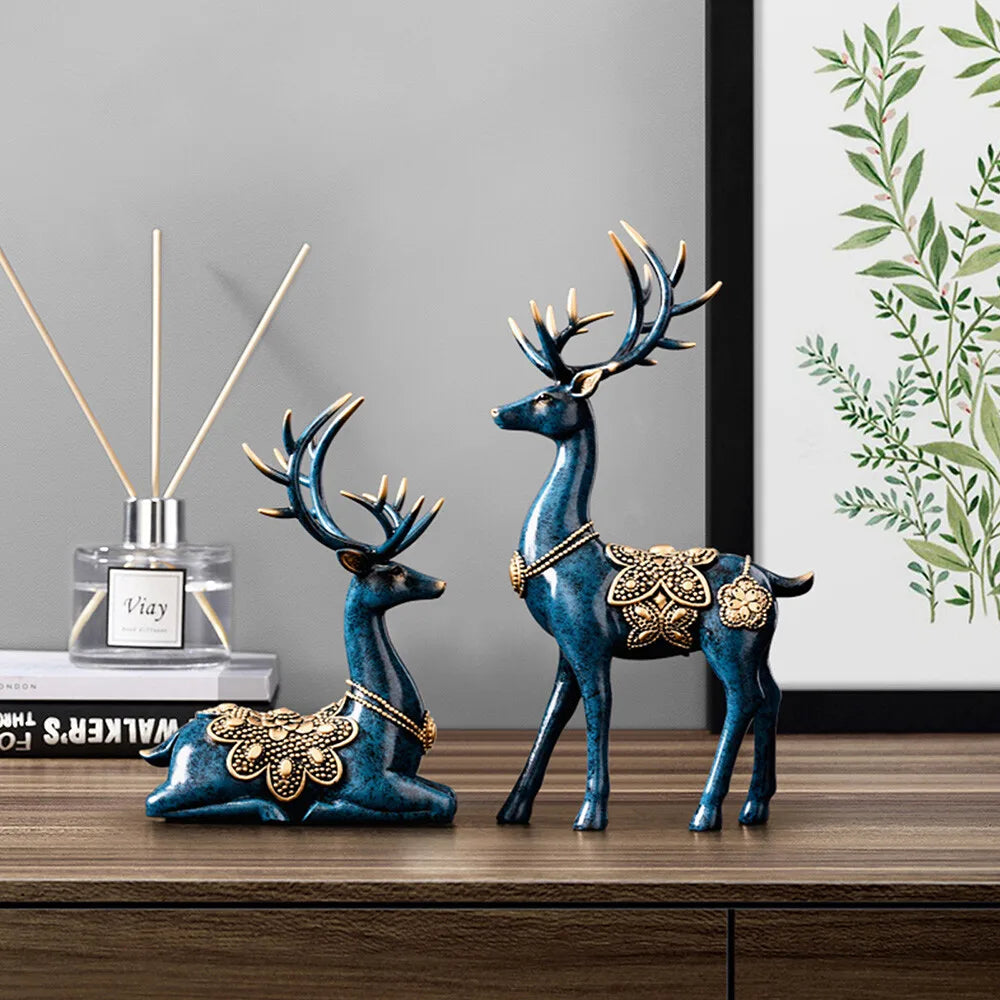 2 PCS Large Resin Deer Figurine Sculpture, Tabletop Hand-painted Statue for Home Office Art Decoration, Blue