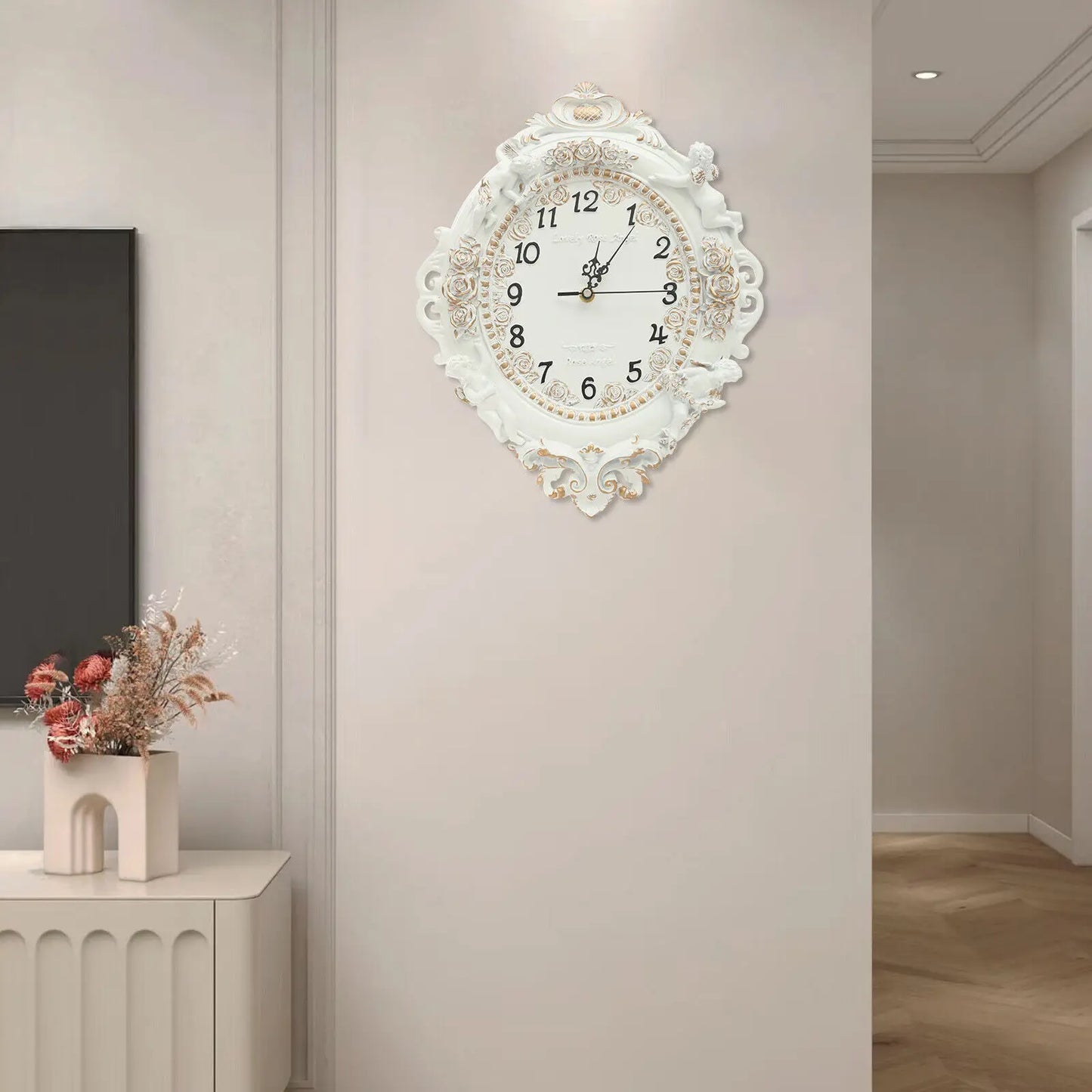 European Style Wall Clock Wall-Mounted Numbers, For Bedroom, Office, White