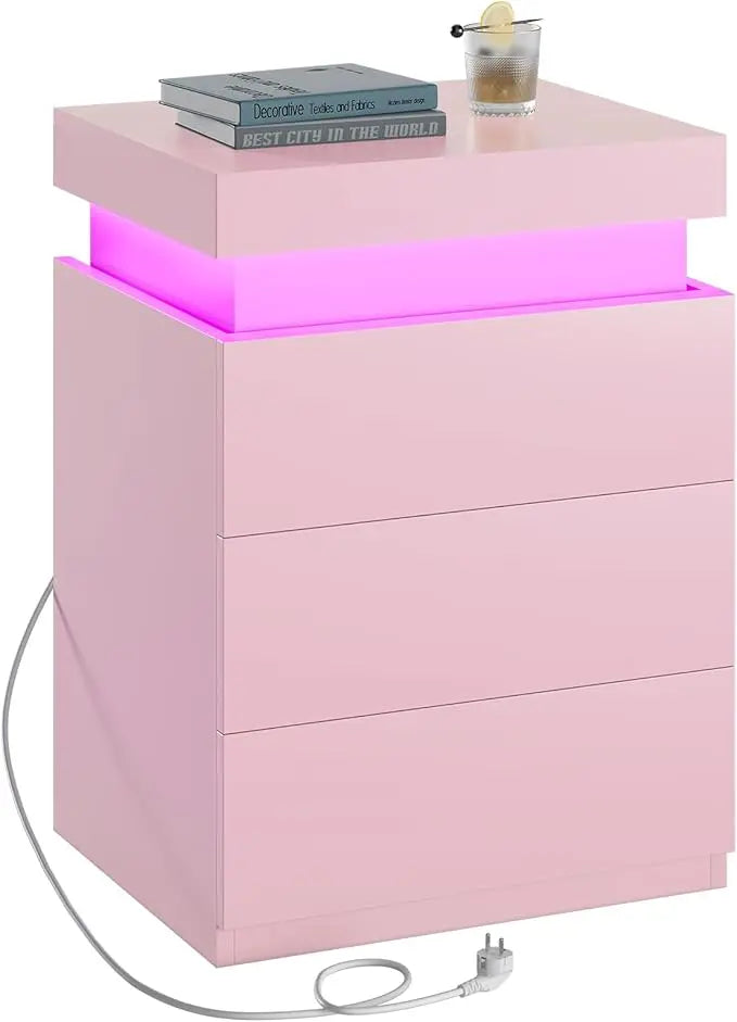 Nightstand with Charging Station and LED Lights, Led Nightstand with Sliding Top,Night Stand with Drawers, Modern End Table Side