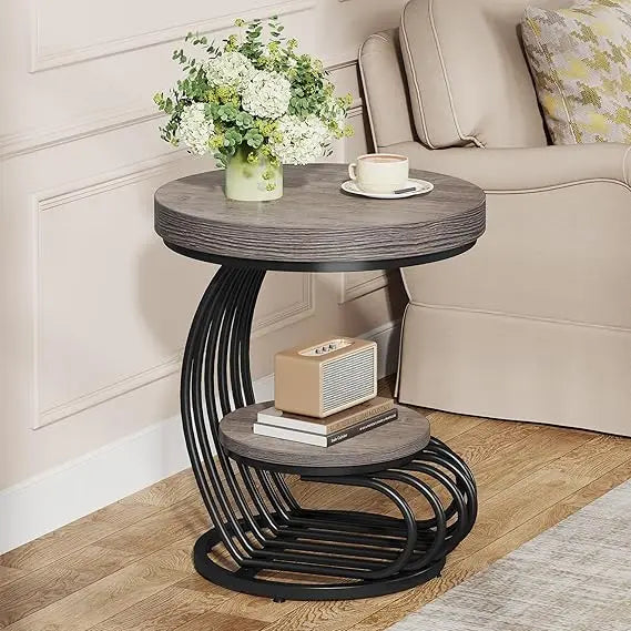 Round End Table, 2-Tier Farmhouse Wood Side Table with Shelf Storage, Small Sofa Side Bedside Nightstand, Arc-Shaped
