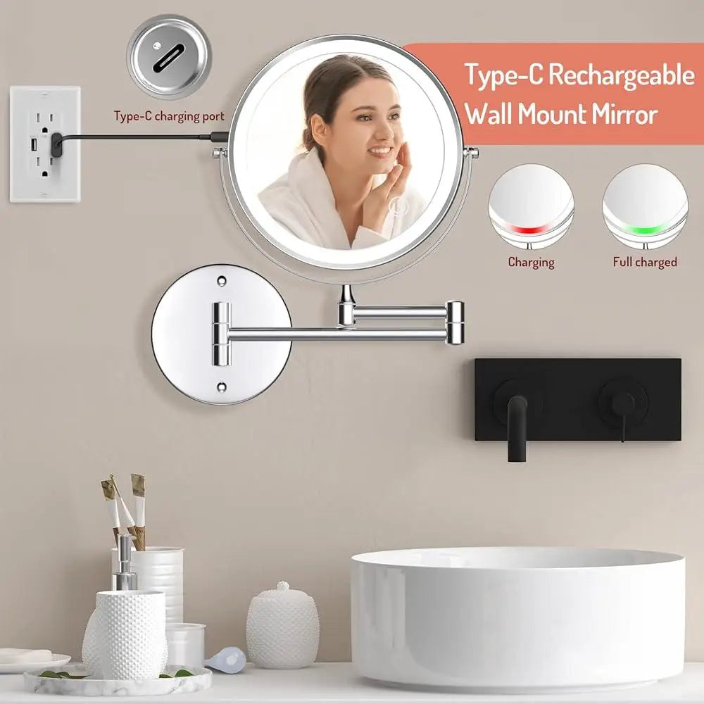 Rechargeable Wall Mounted  Makeup Mirror 8 inch Double-Sided 1X 10X Magnification 3 Color Light Modes Adjustable Brightness