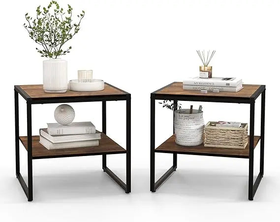 End Table Set of 2, Industrial 2-Tier Side Tables with Open Shelf, 20 Square Coffee Table with Heavy-Duty Metal Frame, Compact