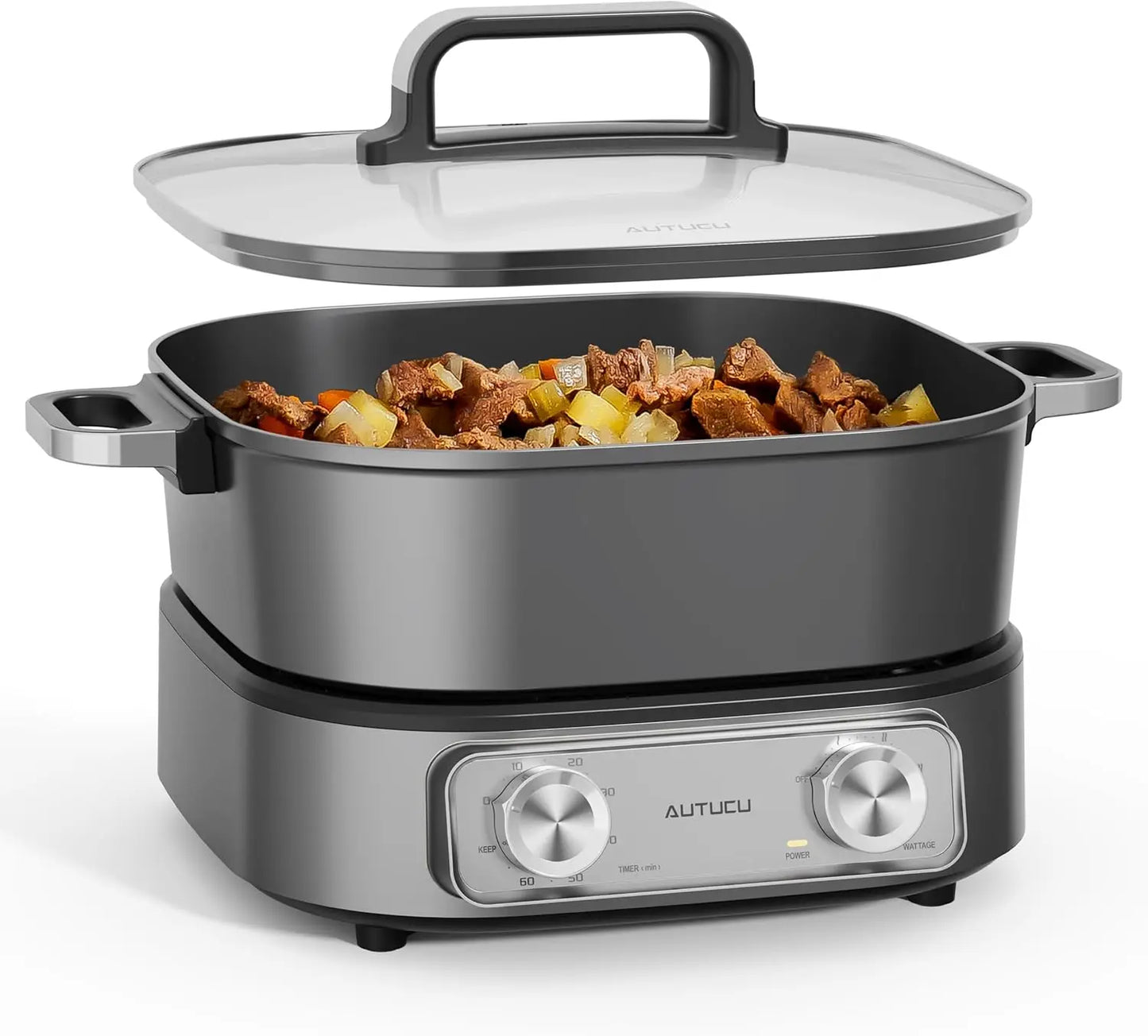 Electric Hot Pot 6-Quart & Multi-Cooker | Non-Stick Electric Skillet with PFOA-Free Ceramic-Coated Pot, 3 Power Settings & Timer