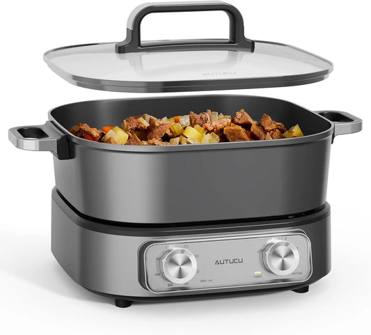 Electric Hot Pot 6-Quart & Multi-Cooker | Non-Stick Electric Skillet with PFOA-Free Ceramic-Coated Pot, 3 Power Settings & Timer