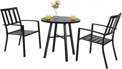 3 Piece Outdoor Patio Bistro Dining Set, Slatted Metal Round Table & 2 Patio Chairs, Outdoor Furniture Set for Porch, Deck