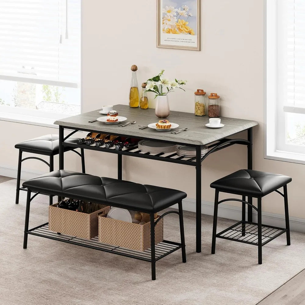 Dining Table Set for 4 - Kitchen Table Set of 4 with Upholstered Bench and 2 Square Stools 4 Piece Dining Set with Storage