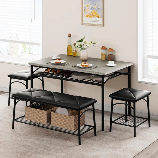 Dining Table Set for 4 - Kitchen Table Set of 4 with Upholstered Bench and 2 Square Stools 4 Piece Dining Set with Storage