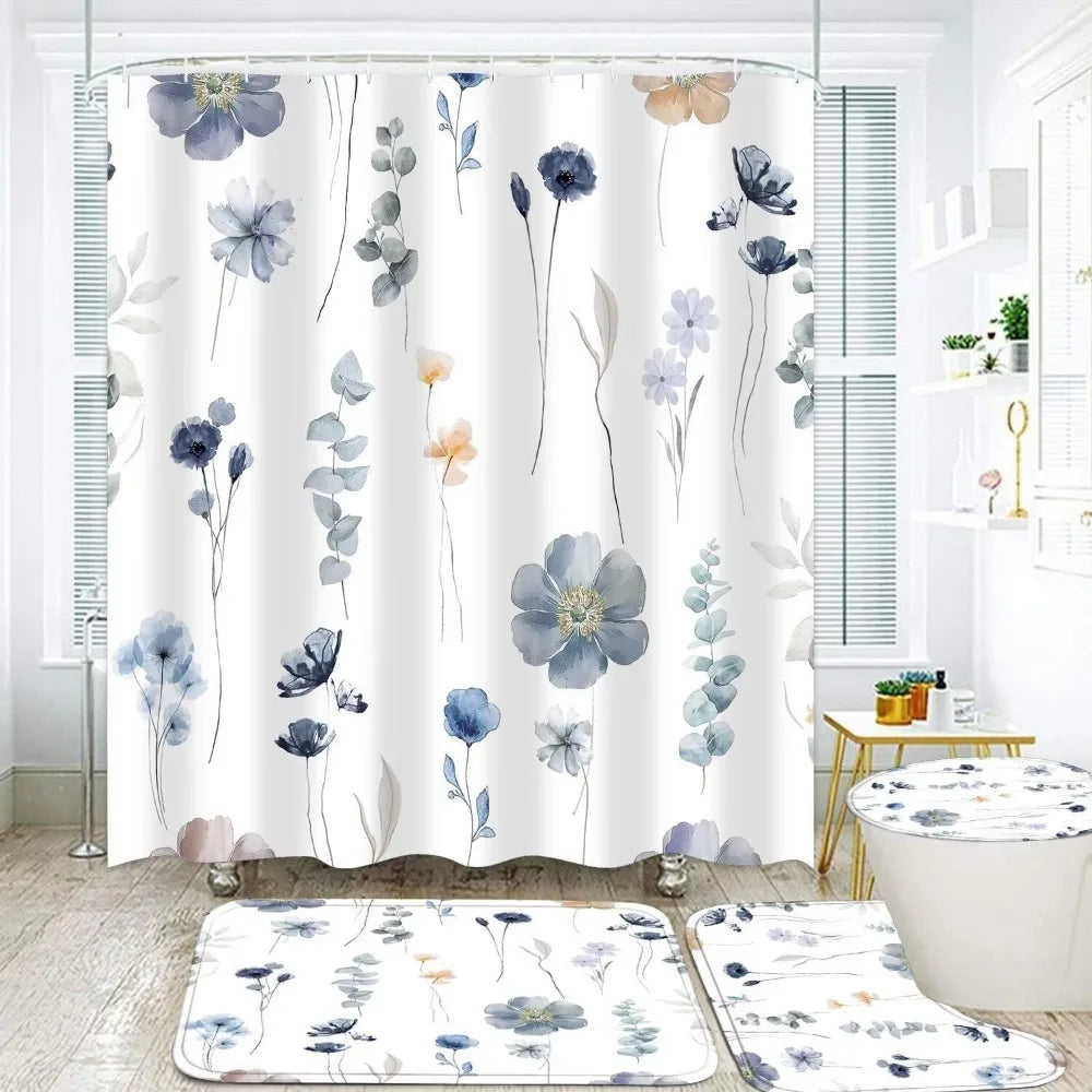 4pcs watercolor flower shower curtain set with non-slip rugs, toilet lid cover and bath mat, modern minimalist floral shower curtain