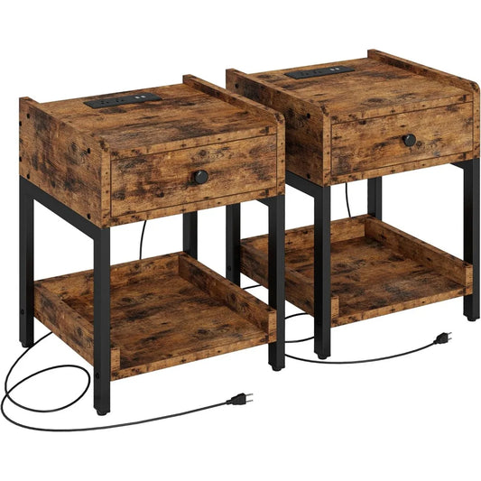 Nightstand, set of 2 bedside table with charging station, small end table with storage drawer and shelf for bedroom and living room