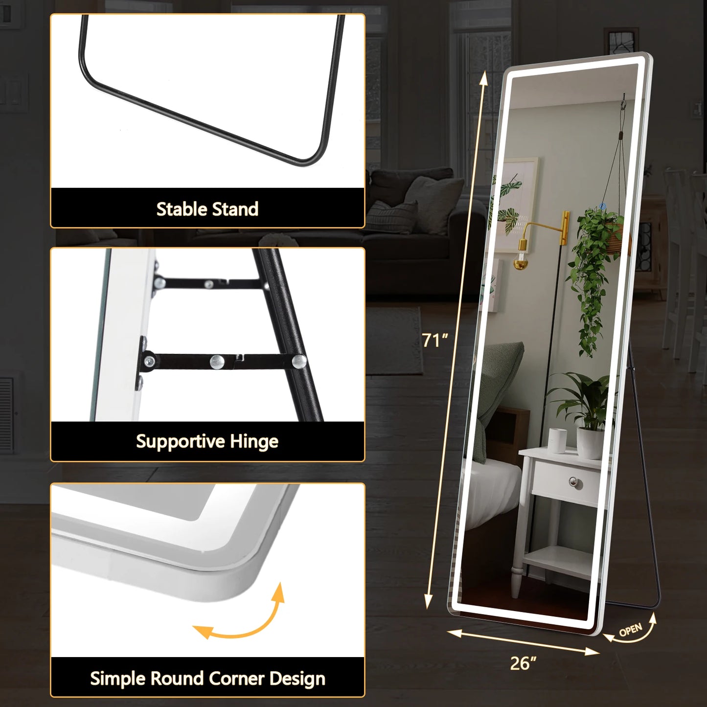 Full Body Wall Mirror 59"x16"/64"x21" Standing or Wall-Hanging with Stand Aluminum Alloy Frame Bedroom Cloakroom Decoration