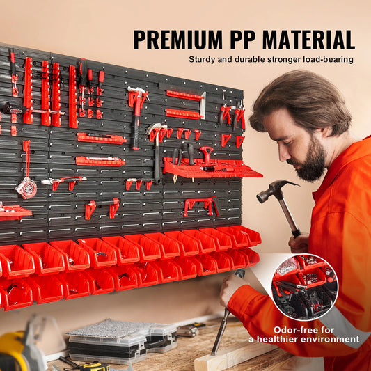 SucceBuy Wall Mounted Storage Bins 30/48 Bin Parts Rack Organizer Garage with Wall Panels Hooks Plastic Shop Tool for Screw Nails