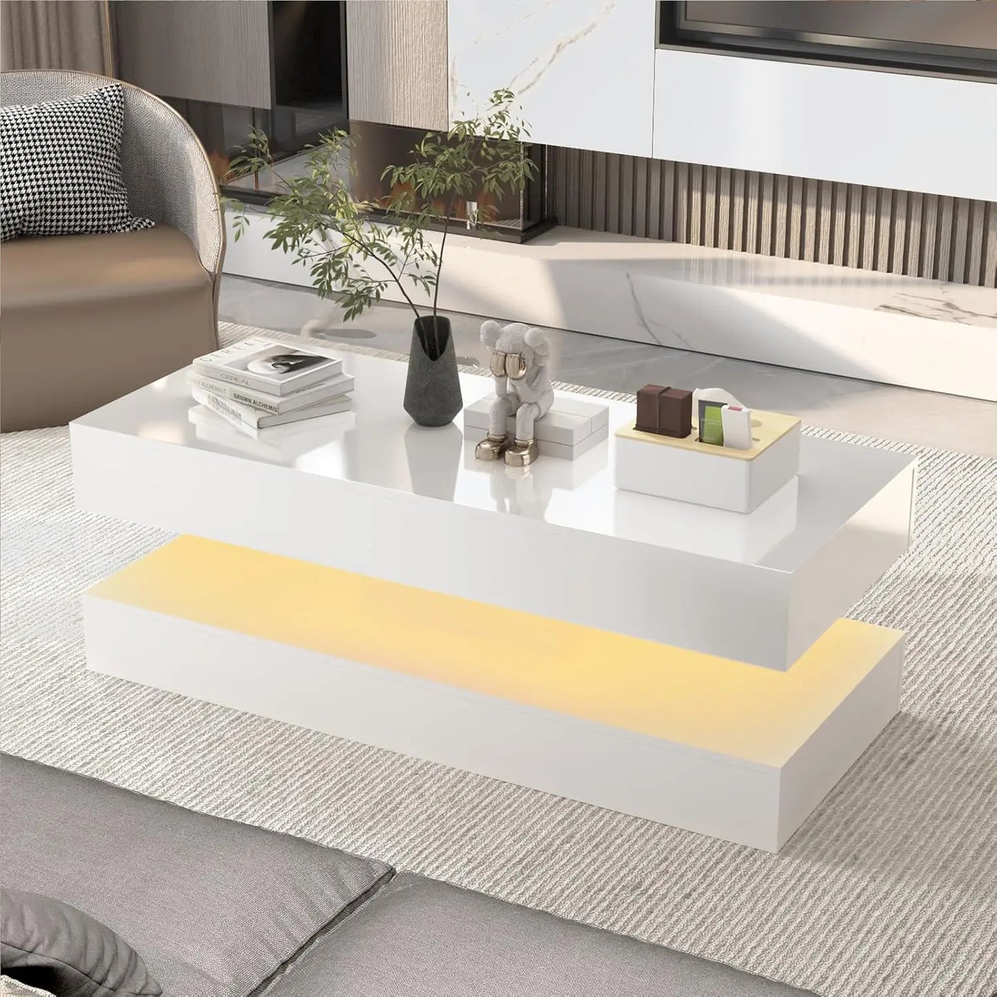 47.3IN High Glossy LED Coffee Table,Modern Center Table with 2 Storage Drawers for Living Room (White & Black)