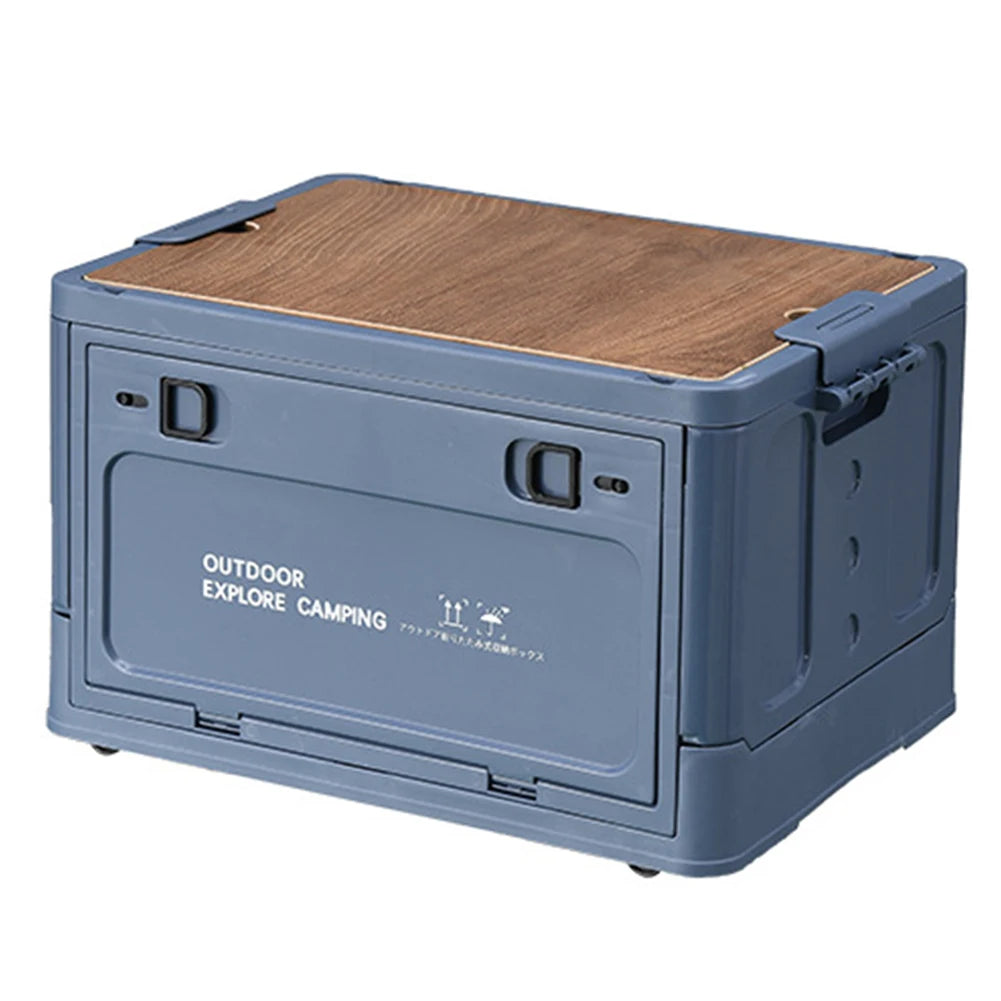 30L Folding Car Storage Case with Wooden Lid Portable Storage Container Stackable Side Open Store Picnic Supplie Snacks and More