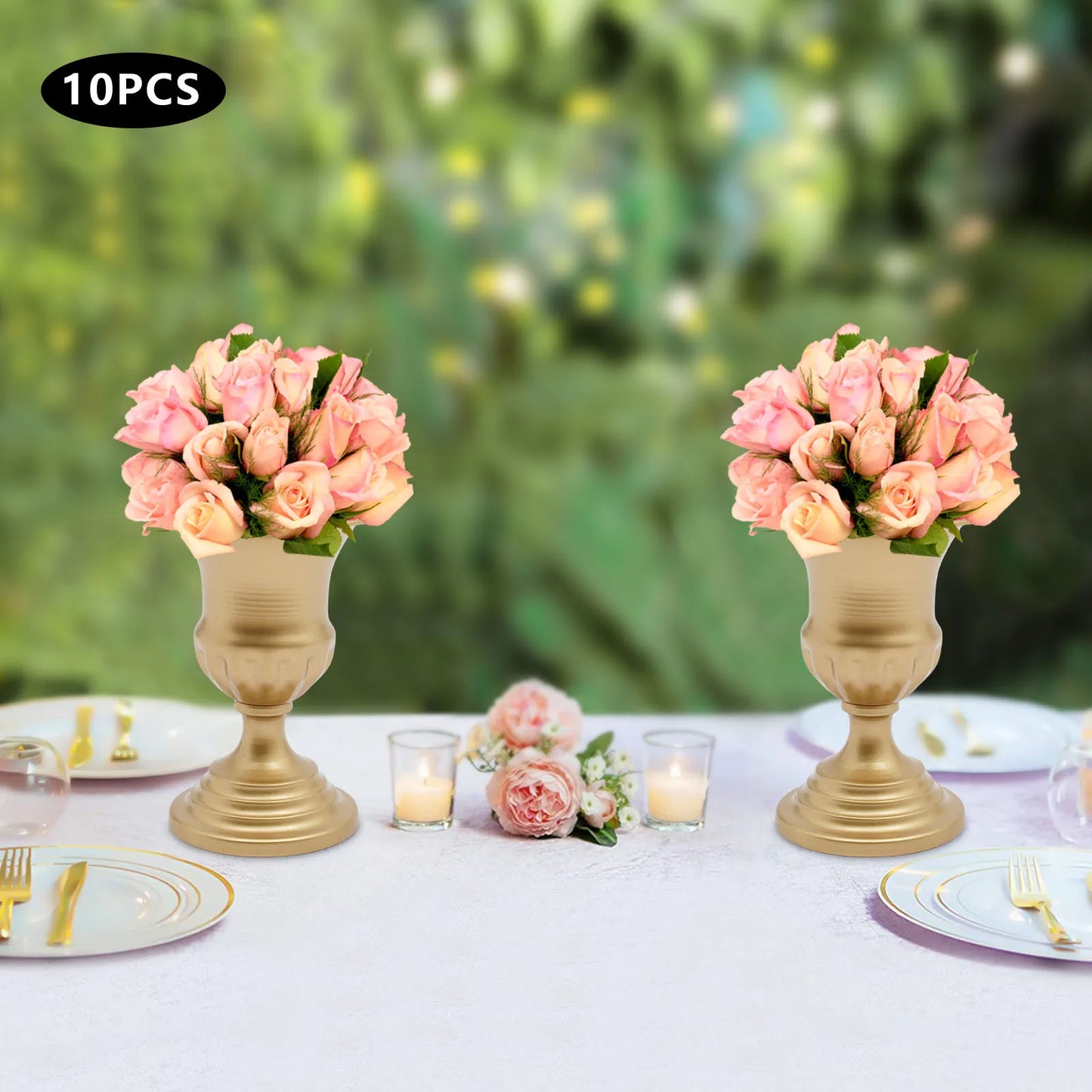 10Pcs 4.9"/6.69"/ 9.1" Bright Golden Flower Vases Metal Small Pedestal Trumpet Vase for Wedding Table Centerpieces Party Decor