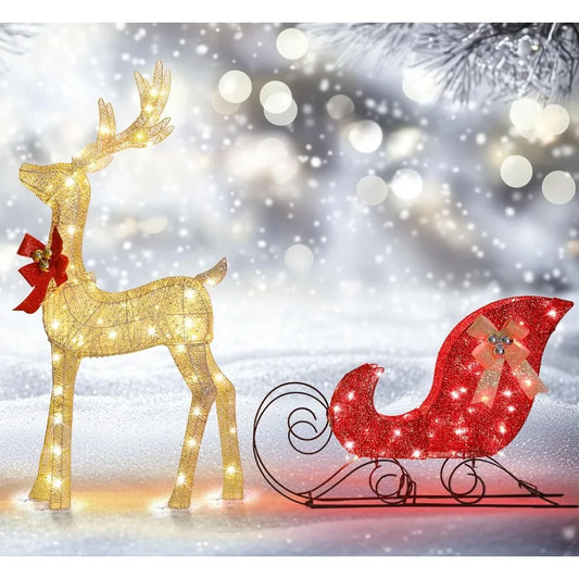 2Piece LightUp Reindeer and Sleigh Outdoor Christmas Decoration Set with 160 LED Lights for Holiday Yard Display 48'' Tall