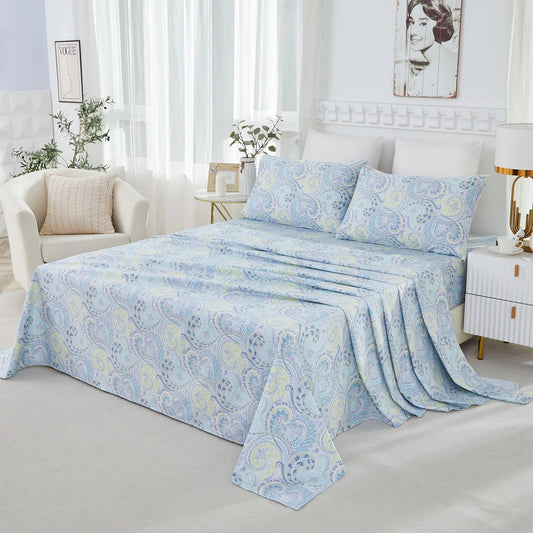 4pcs 600 TC 100% Egyptian Cotton Fitted Sheet Set (Without Core), Vintage Classic Blue Damask Paisley, Soft & Skin-friendly (Multiple sizes)