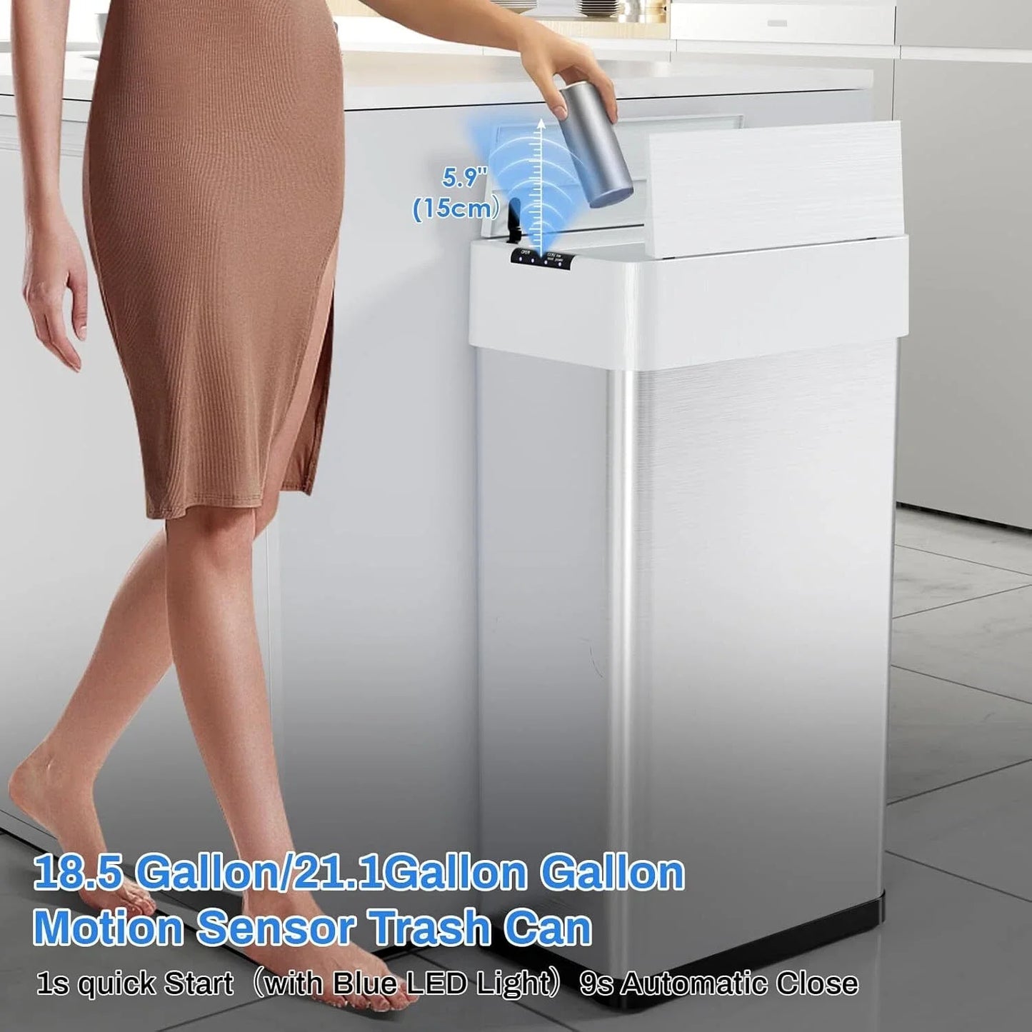 13.2-21.1Gal (50-80L) Motion Sensor Trash Can for Kitchen Stainless Steel Garbage Can Gal  Automatic Garbage Smart Bin