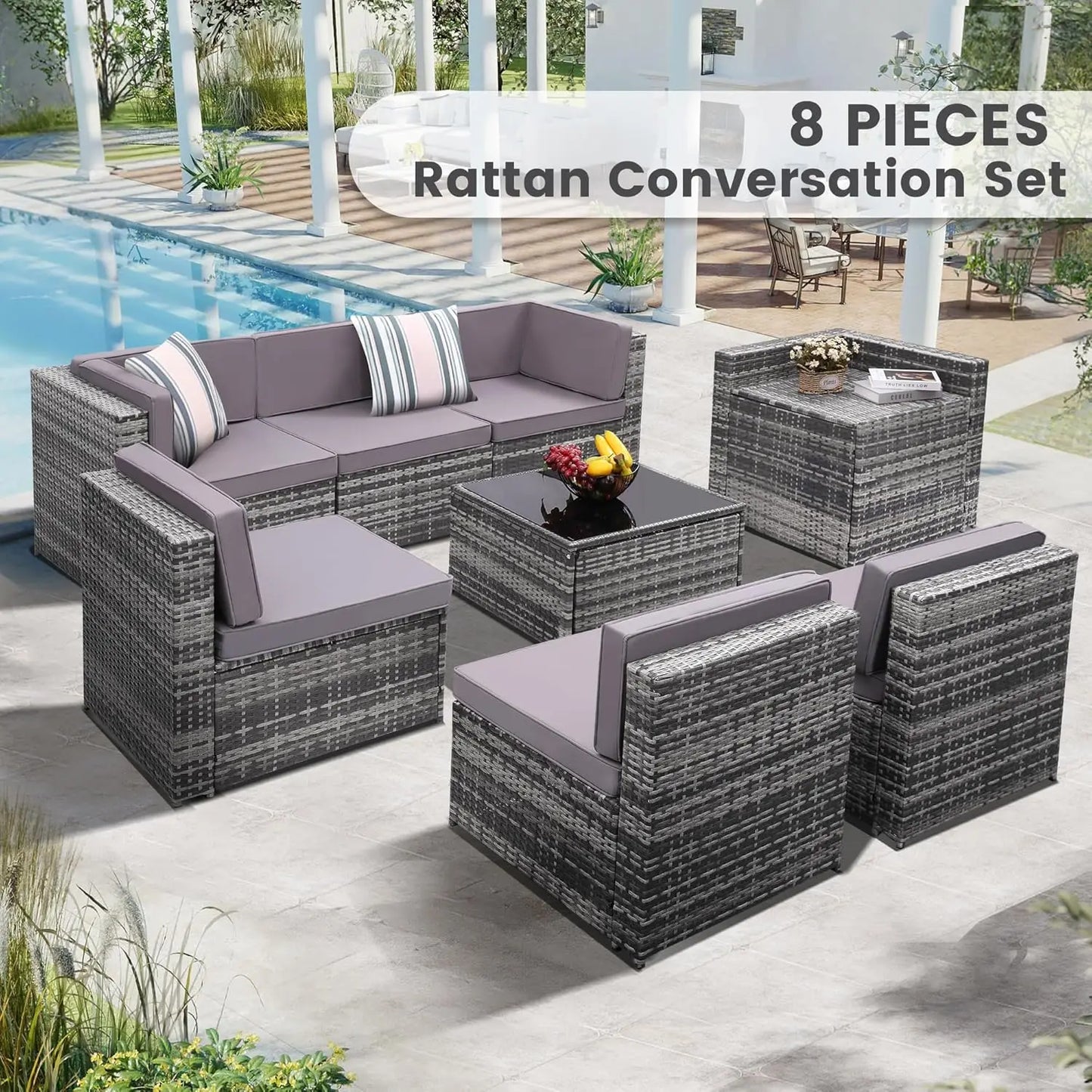 8 Piece Outdoor Wicker Patio Furniture Sectional Set, Glass Top Table with Hidden Storage, Grey Rattan with Light Grey Cushions