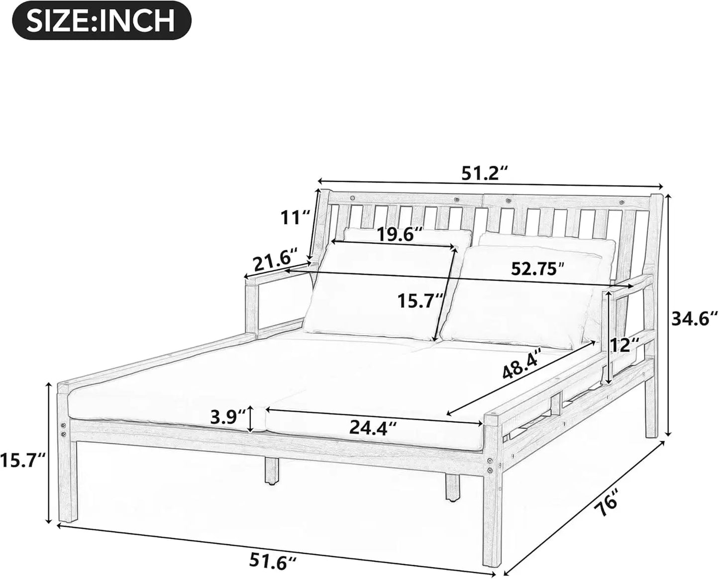 Outdoor Daybed Patio Daybed with Four Pillows Wooden Outdoor Bed with Curved Armrests for Poolside Backyard Garden