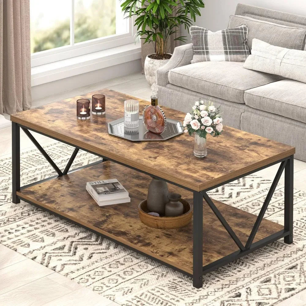 Coffee Table,Rustic Wood and Metal Living Room Table,Industrial Rectangle Center Table with Storage Shelf,47 Inch Coffee Tables (Multiple colors)
