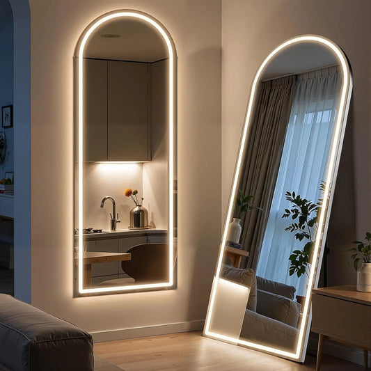 Arched Full Length Mirror with LED Lights, 60"x16" LED Floor Mirror with Stand, Body Floor Mirrors with Dimming 3 Color Lighting