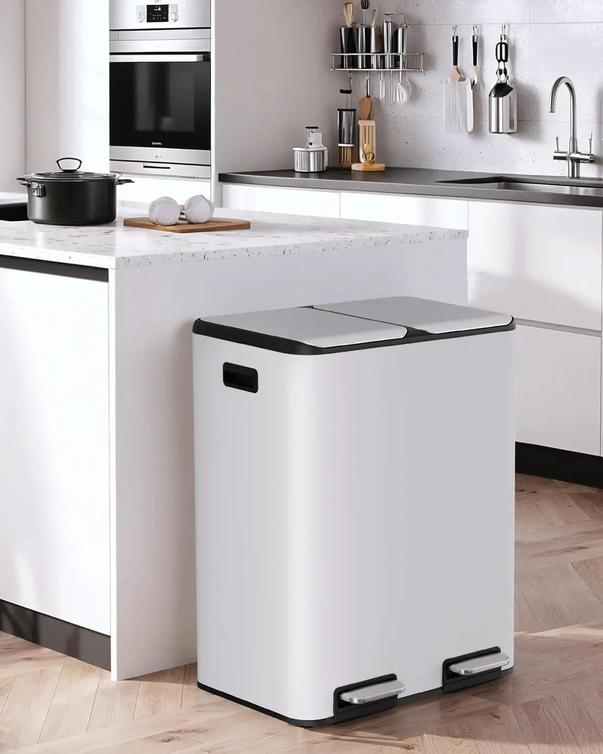 Rubbish Bin,2x30L Pedal Bin with Odour Filter, Trash Can,Garbage Can,Waste Separation System,Metal Double Waste Bin,White