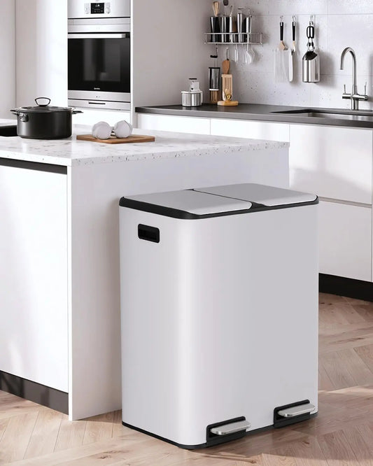 Rubbish Bin,2x30L Pedal Bin with Odour Filter, Trash Can,Garbage Can,Waste Separation System,Metal Double Waste Bin,White