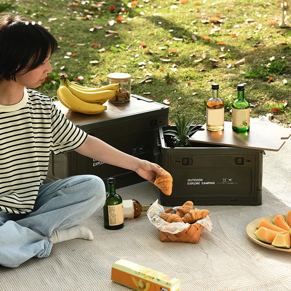 30L Folding Car Storage Case with Wooden Lid Portable Storage Container Stackable Side Open Store Picnic Supplie Snacks and More