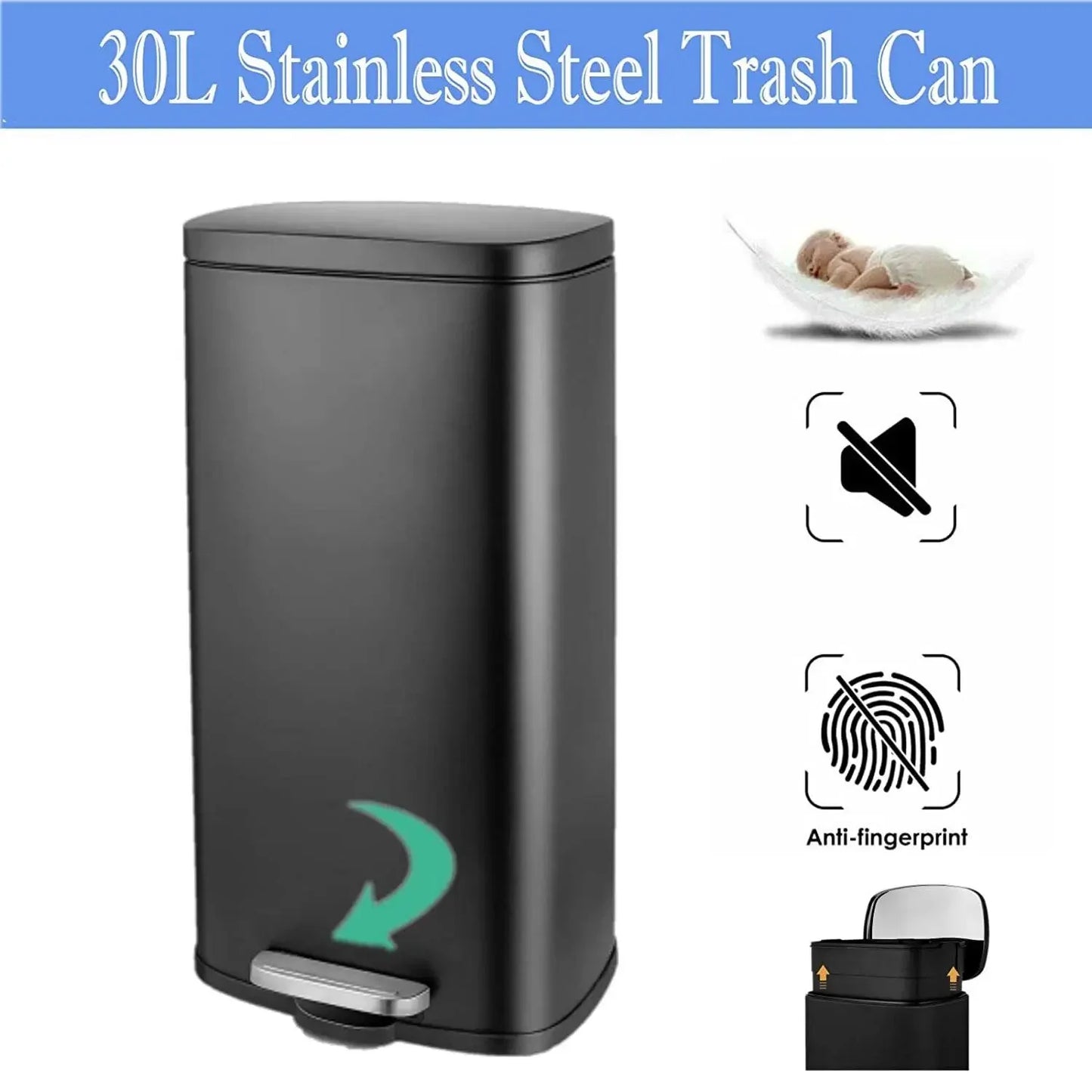 8 Gallon / 30L Step Trash Can, Stainless Steel Garbage Bin Removable Inner Bucket for Kitchen Rubbish W/ Silent Lid Soft-Close (Multiple colors)