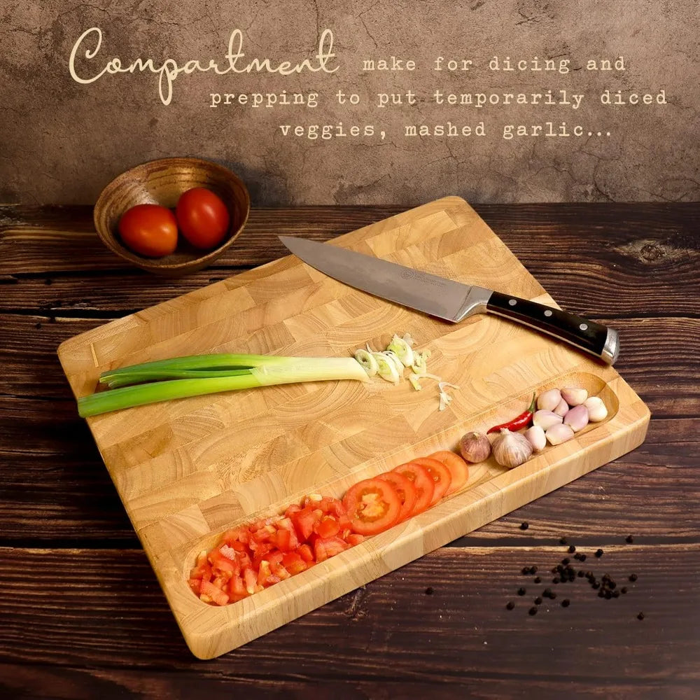 Block End Grain Cutting Board - 17x13x1.5in Reversible Multipurpose Chopping Board with Juice Groove, Cracker Holder