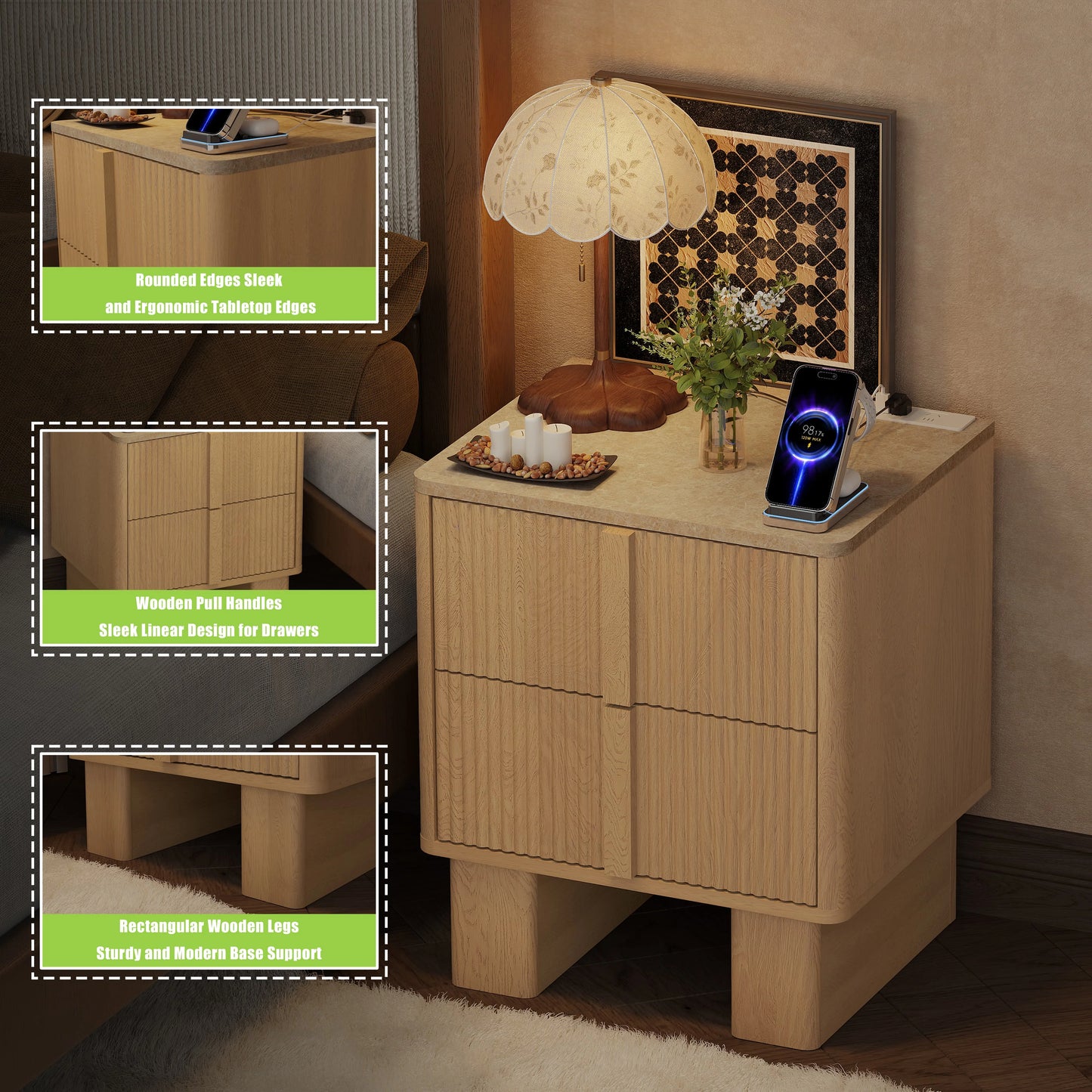 GEGOFORU Set of 2 Fluted Nightstands w/ Charging, 2-Drawer End Tables w/ Reinforced Legs, Whitewashed Oak for Bedroom