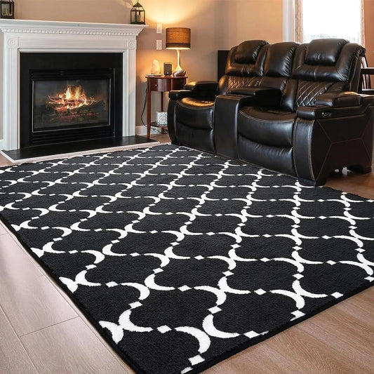Large Shag Area Rug Memory Foam Living Room Rug 6x9 Feet, Black Plush Geometric Bedroom Rug, Indoor Carpet for Kids Room Decor (Multiple colors and sizes)