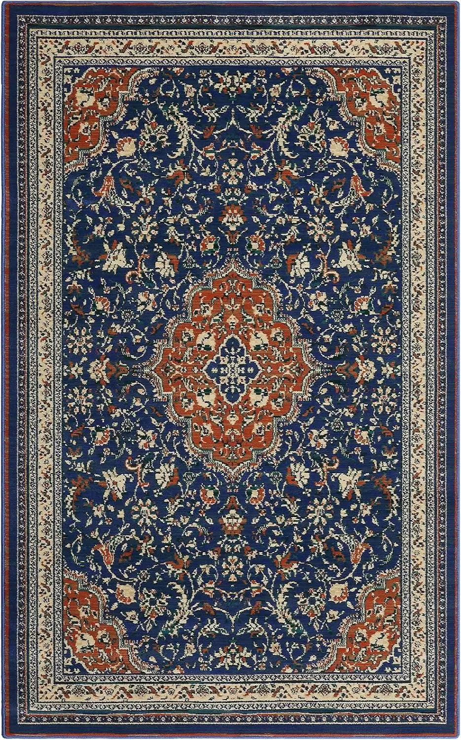 Monaco Collection Runner Rug Carpet Navy Blue Orange, Boho Chic Medallion Distressed Design, Non-Shedding Easy Care