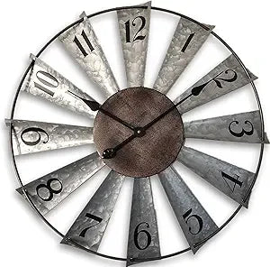 30inch Windmill Distressed Metal Wall Clocks Rustic Large Decorative Clock Oversized Farmhouse Decor, Non Ticking, Battery