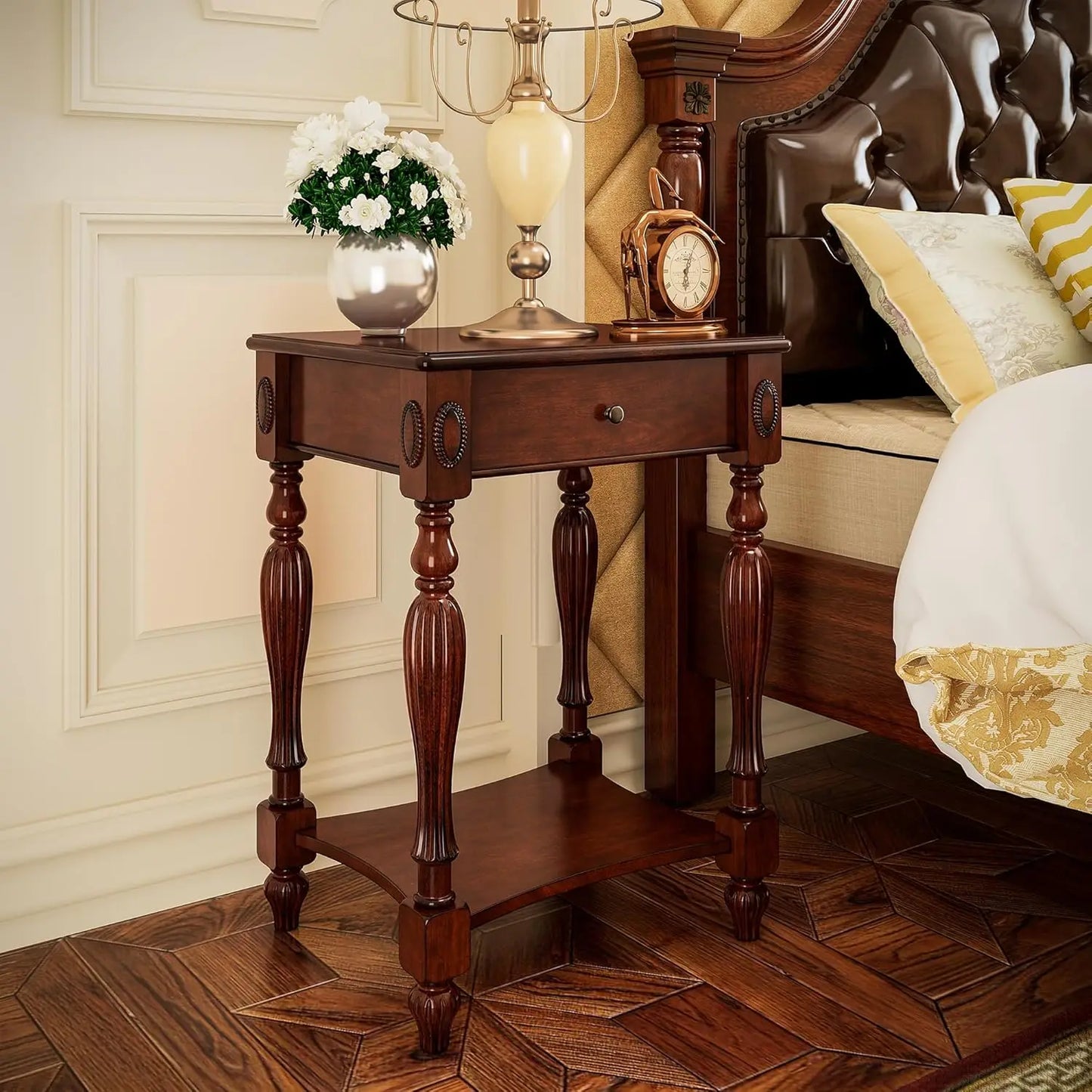 Solid Wood Side Table with Drawer, Victorian Style Vintage Nightstand, Antique Cherry Wood End Tables Living Room Bedroom