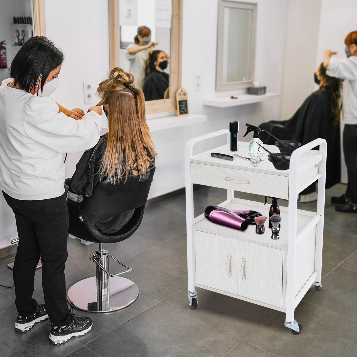 Salon High-density Wood Panels Storage Cart,White Rectangle Free Standing Movable Beauty Organizer